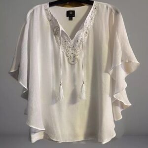 JM Collection NWOT Women's Size PXL White Rhinestone Sheer Overlay Top Blouse
